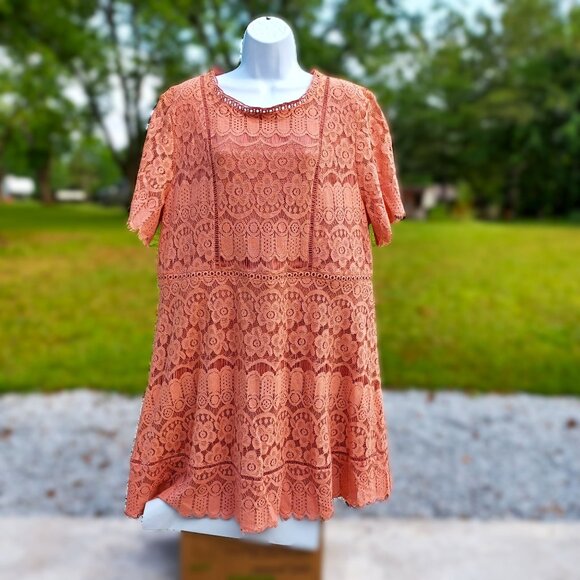 Peach Lace Short Sleeve Tunic Dress By Perch Blu Pepper 3XL With Back Zip Closur - Picture 1 of 7